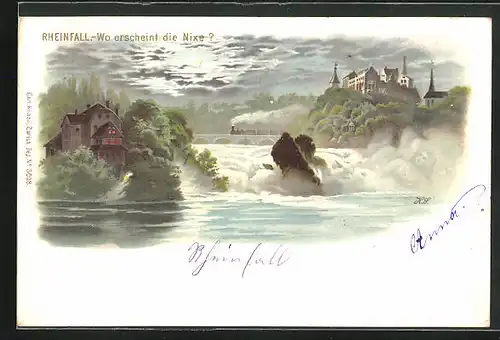 Lithographie Rheinfall, Wo erscheint die Nixe?, optische Täuschung, Wasserfall