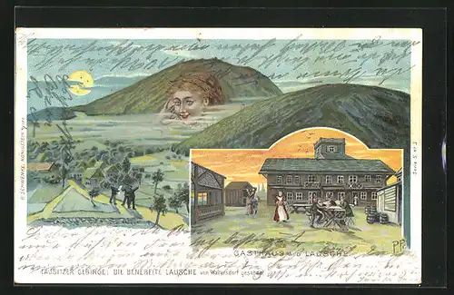 Lithographie Schwenke Serie 5 Nr. 3: Gasthaus a. d. Lausche, Die benebelte Lausche, Berg mit Gesicht / Berggesichter
