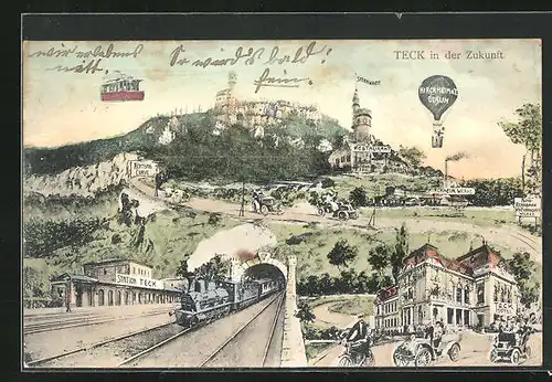 AK Teck, Zukunftsbild vom Ort mit Teck-Hotel, Bahnhof, Ballon und Seilbahn