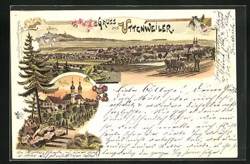 Lithographie Uttenweiler, Abendstimmung an der Kirche, Ortsansicht mit Bussen
