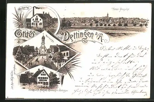 Lithographie Dettingen a. A., Gasthaus, Molkerei, Marktplatz, Totalansicht