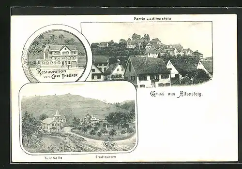 AK Altensteig, Restauration von Carl Theurer, Turnhalle und Stadtgarten, Ortspartie