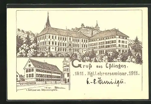 Künstler-AK Esslingen, Königliches Lehrerseminar 1811-1911, 1. Seminar am Schwanenplatz