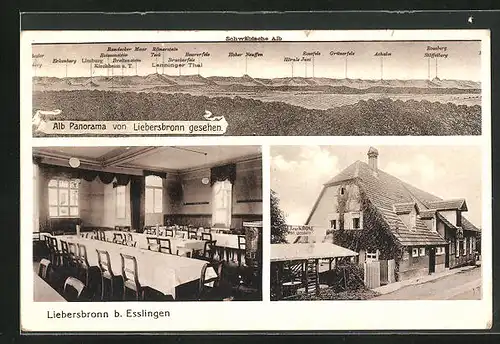 AK Liebersbronn b. Esslingen, Gasthaus zur Krone, Innenansicht, Alb Panorama vom Ort gesehen mit Erkenberg & Limburg