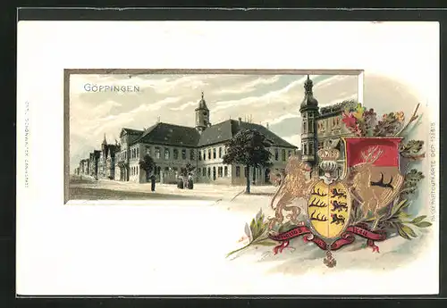 Passepartout-Lithographie Göppingen, Strassenpartie mit Gebäudeansicht, Wappen