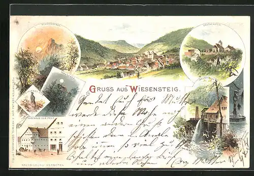 Lithographie Wiesensteig, Gasthaus zur Post, Papiermühle, Drackenstein