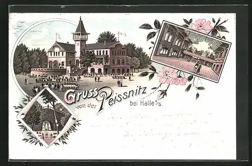 Lithographie Halle / Saale, Gesellschaftshaus Peissnitzhaus auf der Peissnitzinsel