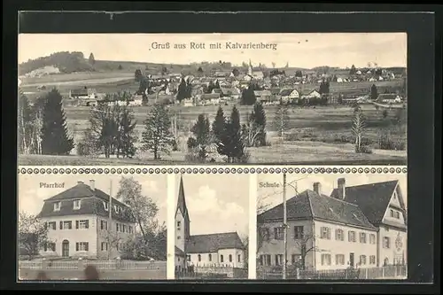 AK Rott, Schule, Pfarrhof, Kirche mit Friedhof, Ortsansicht mit Kalvarienberg