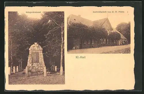 AK Kl.-Harl, Gastwirtschaft von H.H. Peters, Kriegerdenkmal