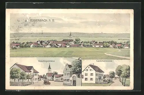 AK Essenbach N. B., Straubingerstrasse, Landshuterstrasse, Panorama