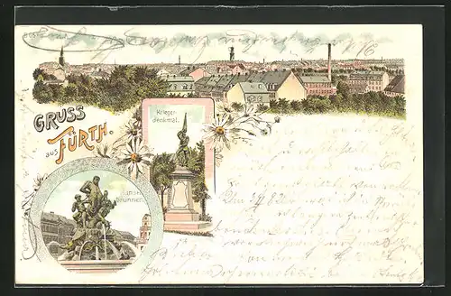 Lithographie Fürth, Blick über die Dächer der Stadt, Kriegerdenkmal, Kunstbrunnen