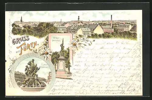 Lithographie Fürth, Kriegerdenkmal, Kunstbrunnen, Panorama der Stadt