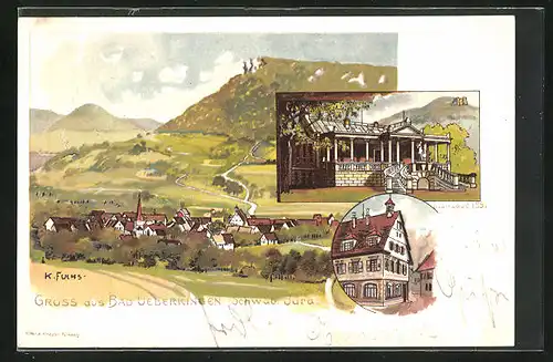 Lithographie Bad Überkingen, Dianabad und Panorama der Ortschaft