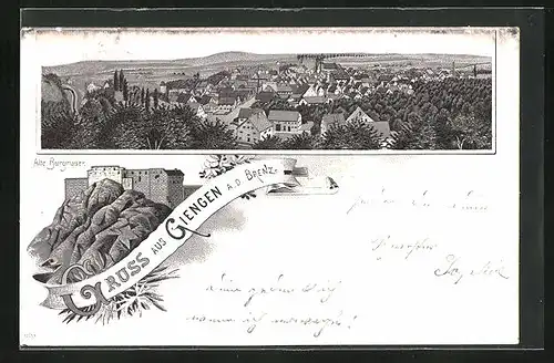 Lithographie Giengen a.d. Brenz, Panorama und alte Burgmauer