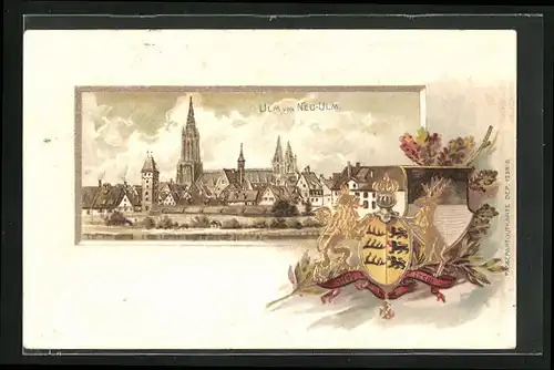 Passepartout-Lithographie Ulm, Ortsansicht, Wappen