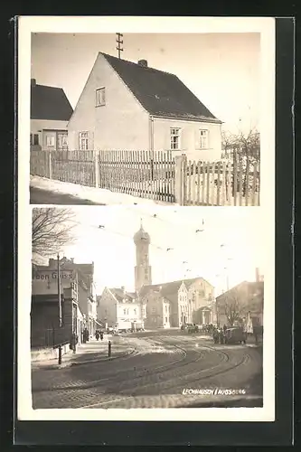 AK Augsburg-Lechhausen, Strassenpartie mit Kirche, Hausansicht