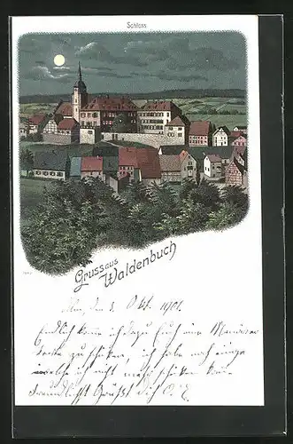 Mondschein-Lithographie Waldenbuch, Blick zum Schloss