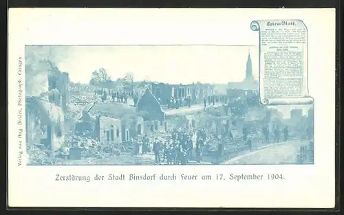 AK Binsdorf, Zerstörung der Stadt durch Feuer am 17. 09. 1904