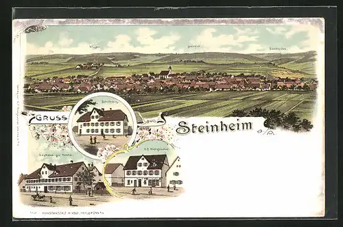 Lithographie Steinheim a.A., Schule, Gasthaus Zur Krone, Handlung C. F. Klotzbücher