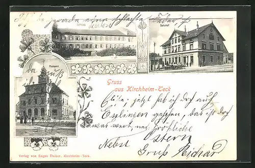 AK Kirchheim-Teck, Bahnhof, Postamt, Schloss, Jugendstil-Ornamente