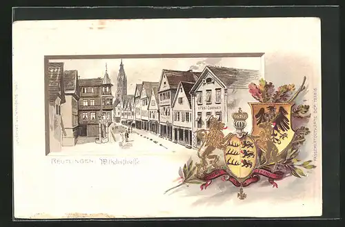 Passepartout-Lithographie Reutlingen, Wilhelmstrasse, Wappen, Löwe