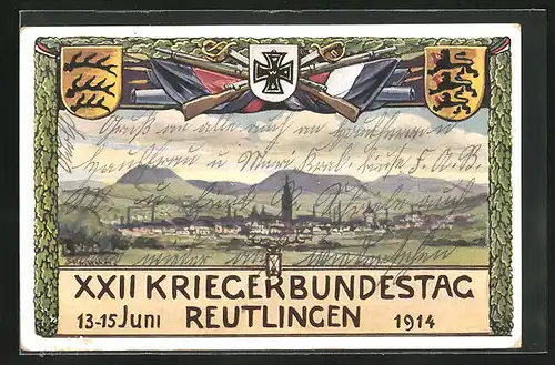 Künstler-AK Reutlingen, XXII. Kriegerbundestag 1914, Ortsansicht, Waffen