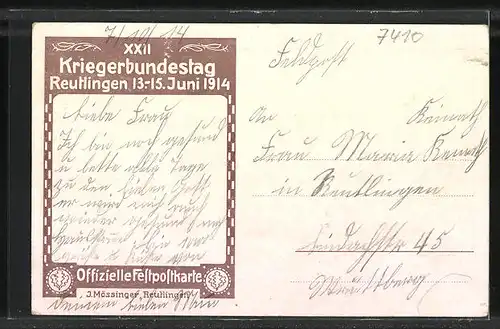 Künstler-AK Reutlingen, XXII. Kriegerbundestag 1914, Ortsansicht, Waffen