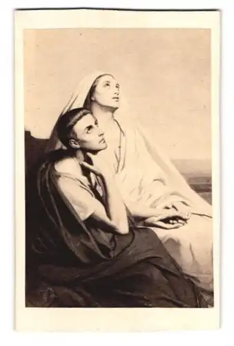 Fotografie A. Chaligne, Paris, Rue St. Sulpice 24, Gemälde: Mutter und Sohn halten Hädchen und starren in den Himmel