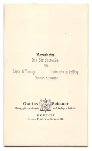 Fotografie Gustav Schauer, Berlin, Grosse Friedrichstr. 188, Gemälde: Die Strickstunde nach Meyerheim, Stricken