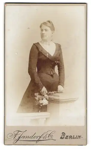 Fotografie A. Jandorf & Co., Berlin-C., Spittelmarkt 16-17, Portrait bürgerliche Dame mit Blume in der Hand