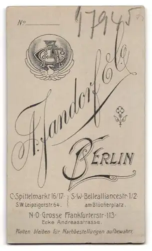 Fotografie A. Jandorf & Co., Berlin-C., Spittelmarkt 16-17, Portrait bürgerliche Dame mit Blume in der Hand