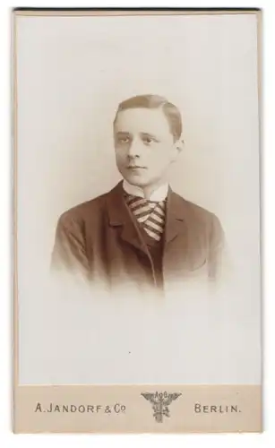 Fotografie A. Jandorf & Co., Berlin-C., Spittelmarkt 16-17, Portrait junge Herr im Anzug mit Krawatte