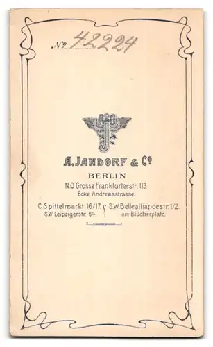 Fotografie A. Jandorf & Co., Berlin-NO, Grosse Frankfurterstrasse 113, Portrait junger Mann im Anzug mit Fliege