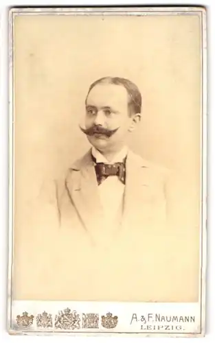 Fotografie A. & F. Naumann, Leipzig, Dorotheenstr. 6, Portrait Edelmann mit Fliege und grossem Schnauzbart