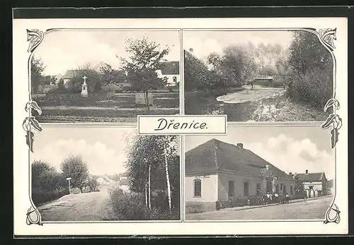 AK Drenice, Gasthaus, Grabmal, Brücke