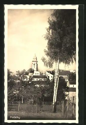 AK Pocátky, Teilansicht mit Kirche