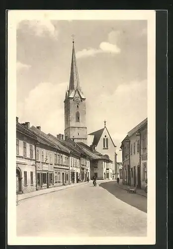 AK Mohelnice, Strassenpartie mit Blick zum Kirchturm