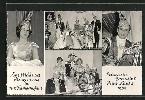 AK Prinzessin Evmarie I. & Prinz Hans I., Das Määnzer Prinzenpaar im 11x11 Fassnachtsjähr 1959, Fasching