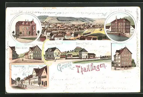 Lithographie Thailfingen, Gasthaus zum Rössle in der Hauptstrasse, Villa Gonzelmann, Schulhaus