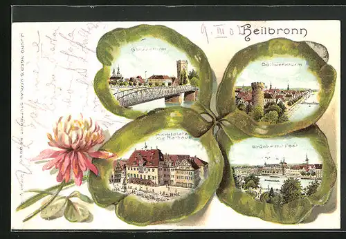 Passepartout-Lithographie Heilbronn, Bollwerkturm, Götzenturm, Brücke mit Post, Kleeblatt