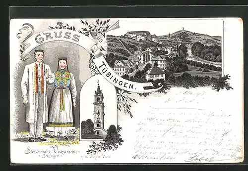 Lithographie Tübingen, Schwäbische Volkstrachten, Kaiser Wilhelmturm, Totalansicht