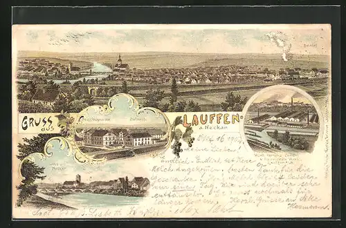 Lithographie Lauffen a. Neckar, Neues Postgebäude, Bahnhof, Totalansicht