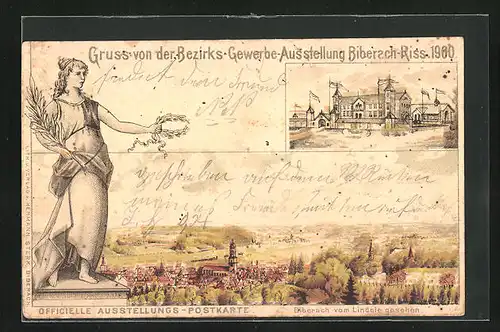Lithographie Biberach-Riss, Bezirks-Gewerbe-Ausstellung Biberach-Riss 1900, Gesamtansicht vom Lindele gesehen