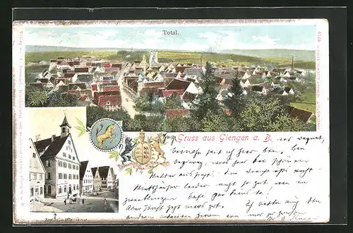Lithographie Giengen a. B., Totalansicht, Wappen