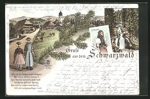 Lithographie St. Georgen, Blick in den Ort, Tracht, Wasserfall