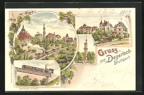 Lithographie Degerloch-Stuttgart, Bergbahn, Villen, Aussichtsturm