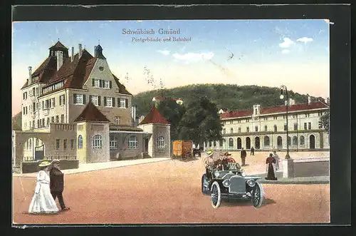 AK Schwäbisch Gmünd, Postgebäude und Bahnhof