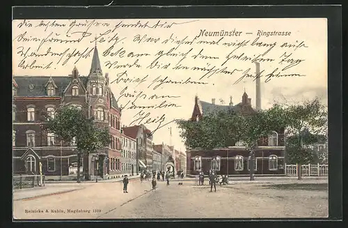AK Neumünster, Partie in der Ringstrasse mit Litfasssäule