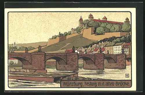 Steindruck-AK Würzburg, Festung m. d. alten Brücke