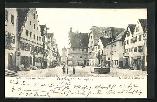 AK Oettingen, Marktplatz mit Geschäften und Brunnen